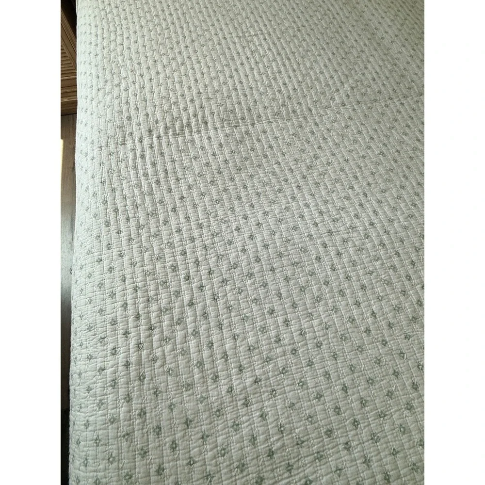 Boho Quilted King Bedding Set White Sage Green Pom Pom Trim Quilt 2 Shams